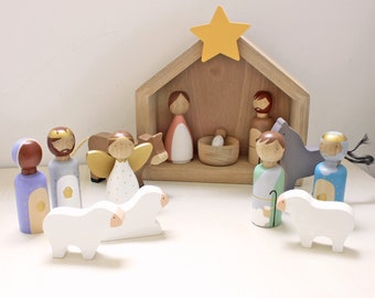 Kids wooden nativity set, Christmas decorations, wooden manger, Peg Doll Nativity Set, Christmas Story, Birth of Jesus, nativity scene house