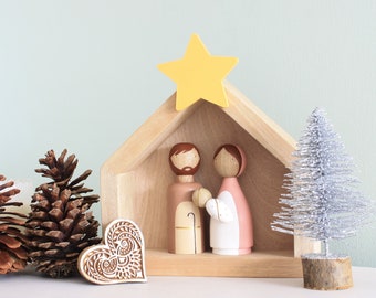 Wooden kids nativity set, Peg Doll Nativity Set, Christmas Story, Birth of Jesus, Christmas decorations, manger with stable