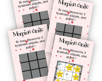 May include: Four pink cards with the text "Morpion étoile" and the instructions "Si vous découvrez 3 symboles alignés, cest gagné!"  Each card has a 3x3 grid with some squares covered. One card has a completed grid with images of stars and baby bottles.