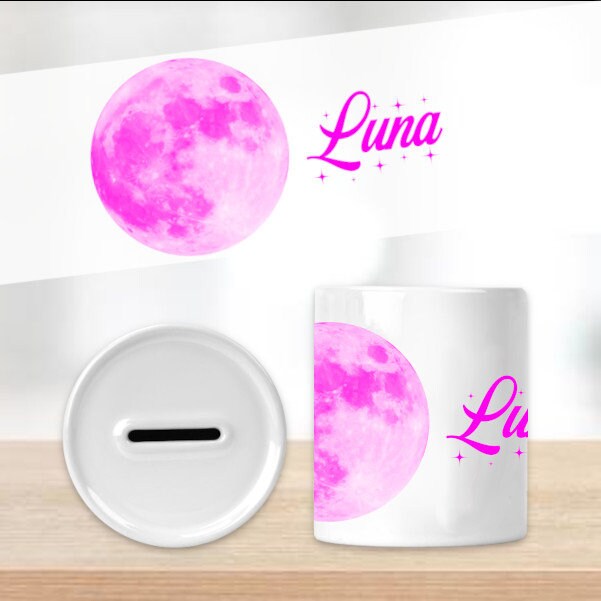 Tirelire Pour Enfant Personnalisable avec Prénom Modèle Lune Rose