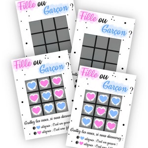 Lot de 4 cartes à gratter morpion fille ou garçon pour une annonce du sexe de bébé originale - LIVRAISON OFFERTE
