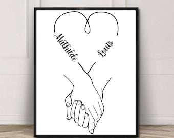 Affiche personnalisable minimaliste mains prénoms - Expédition 24H