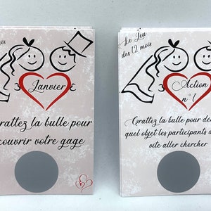 Jeu des 12 mois lot de 24 cartes à gratter pour un jeu de mariage original 12 actions et 12 gages 2 coloris disponibles - LIVRAISON OFFERTE