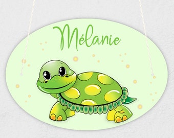Plaque de porte pour enfant personnalisable avec prénom modèle tortue