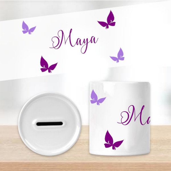 Tirelire Pour Enfant Personnalisable avec Prénom Modèle Papillons