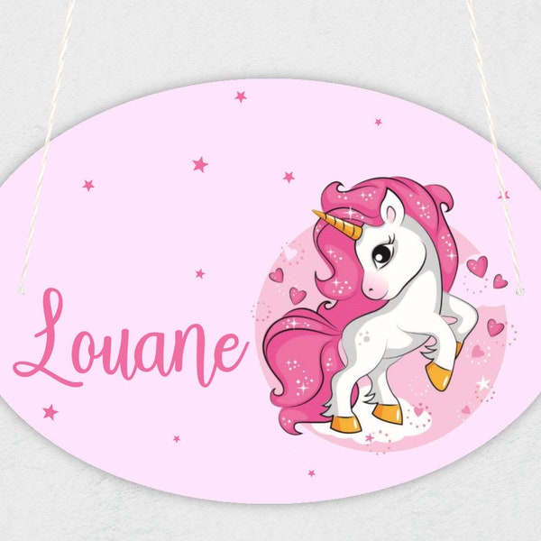 Plaque de porte pour enfant personnalisable avec prénom modèle licorne étoiles