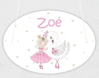 Plaque de porte pour enfant personnalisable avec prénom modèle danseuse et cygne - Expédition 24H