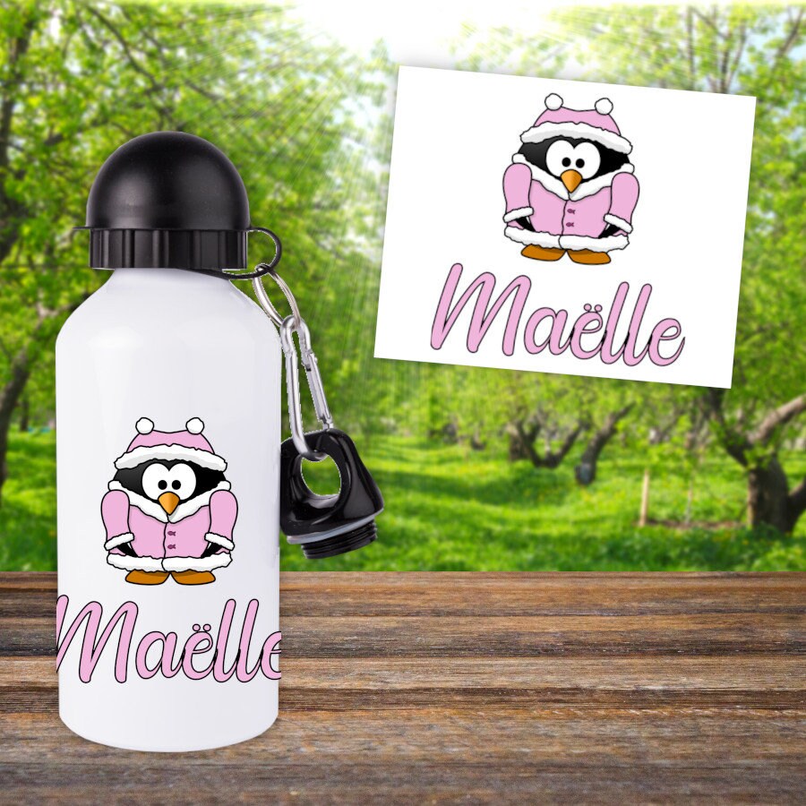 Gourde Pour Enfant Personnalisable avec Prénom Modèle Pingouin Rose