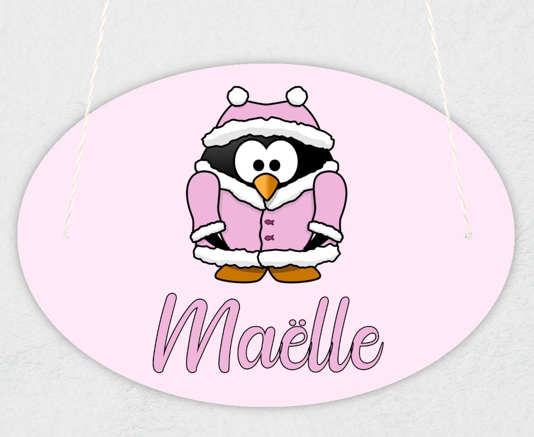 Plaque de Porte Pour Enfant Personnalisable avec Prénom Modèle Pingouin Rose