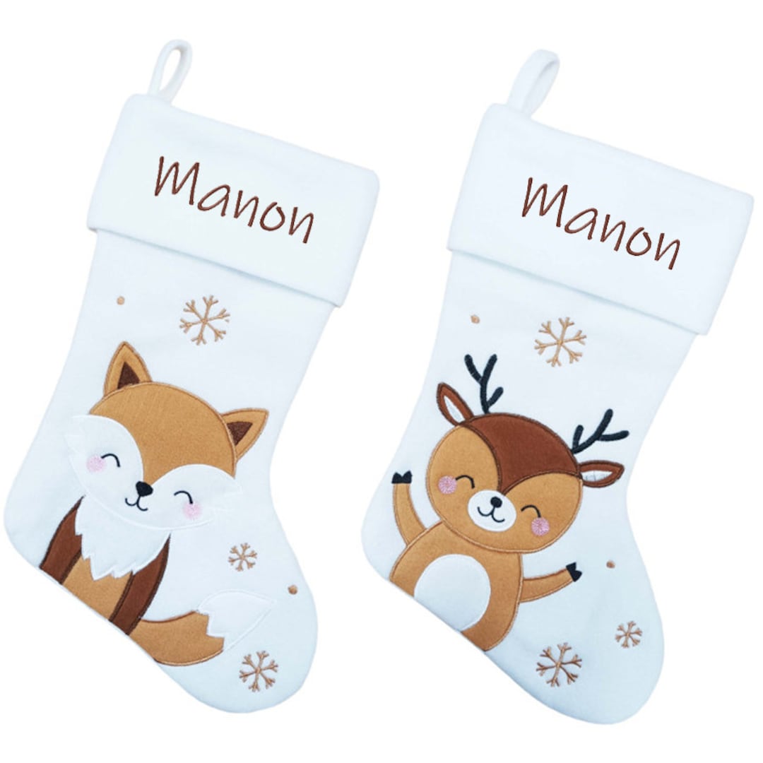 Chaussette / Botte De Noël Brodée Blanche Renard Ou Renne - Etsy