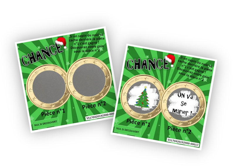 Carte à gratter ticket de jeu personnalisable - Noël - 2 couleurs au choix - Expédition 24H Vert