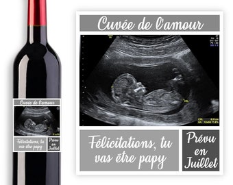 Étiquette bouteille de vin personnalisable avec échographie - Annonce de grossesse