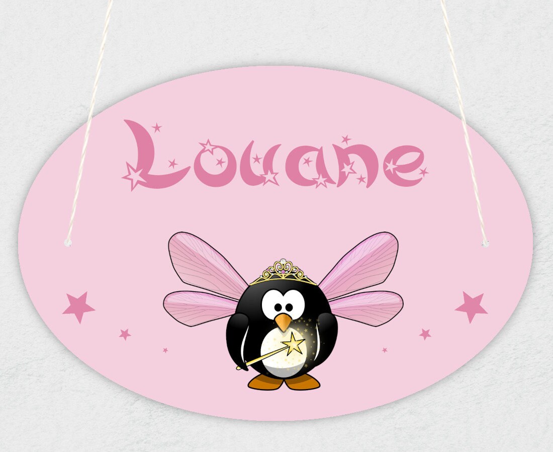 Plaque de Porte Pour Enfant Personnalisable avec Prénom Modèle Pingouin Fée