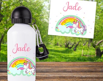 Gourde ou bouteille enfant personnalisable avec prénom modèle licorne arc-en-ciel