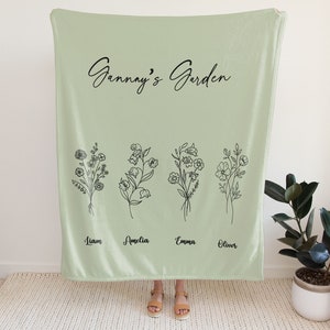 Custom Blanket Grandmas Nana Garden Personalized flower blanket with grandkids names, mom blanket, custom birthday gifts for grandmother