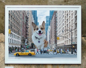 Custom Dog Portrait, Dog at NYC Street, Big Dog at Street, Lovely Dog Art, Unique Dog Gift, Dog Lover Poster Downloadable and Printed Poster