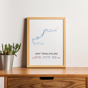 Minimalistische print triatlonroute, aangepaste lijntekeningen met naam en tijd, gepersonaliseerd cadeau loper, poster race finisher