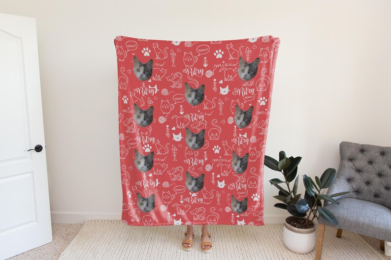 Personalisierte Katzen Foto Decke - Benutzerdefiniertes Katzen Gesicht und Namen Decke, Haustier Andenken, Ihre Katze auf einer Decke Bild 10