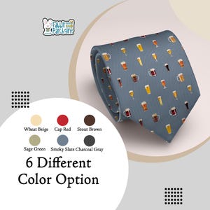 May include: A blue necktie featuring a pattern of various beer glasses and mugs in shades of yellow, amber, and brown. The tie has a repeating design of different beer styles. The text "6 Different Color Option" is also visible.