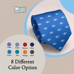 May include: A blue necktie featuring a repeating white pattern of small motorboats. The image includes a logo for Rabbit Patch Gifts and a color chart displaying eight different color options labeled Violet, Dusty, Maroon, Navy, Ocean, Teal, Orange, and Steel.