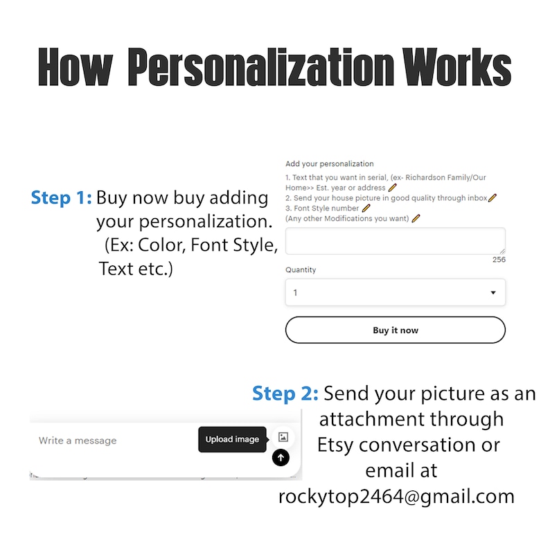K&ouml;nnte beinhalten: Ein Screenshot einer Website, auf der gezeigt wird, wie man ein Produkt personalisiert. Die Website hat einen Bereich zum Hinzuf&uuml;gen von Personalisierungsdetails wie Text, Schriftart und Farbe. Au&szlig;erdem gibt es einen Bereich zum Hochladen eines Bildes. Die Website enth&auml;lt den Text "So funktioniert die Personalisierung" und "Jetzt kaufen".