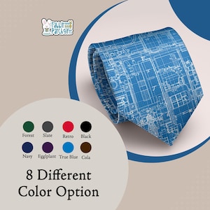 May include: A blue tie featuring a white architectural blueprint design. The tie is folded, displaying the detailed pattern. The image also shows eight colour options: forest, slate, retro, black, navy, eggplant, true blue, and cola. Text reads "8 Different Colour Option."