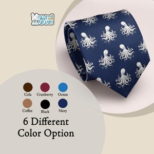May include: Navy blue tie with a repeating white octopus pattern. The tie is angled, showcasing the design. The image also displays color options: Cola, Cranberry, Ocean, Coffee, Black, and Navy. Text reads: "6 Different Color Option."