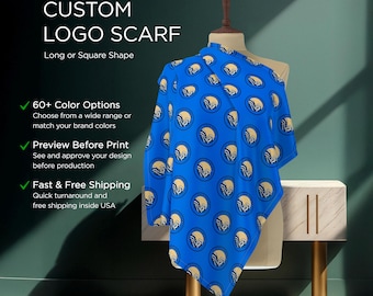 May include: A blue scarf with a white and yellow logo pattern. The scarf is draped over a mannequin and the text "CUSTOM LOGO SCARF" is visible at the top of the image. The text "Long or Square Shape" is also visible.