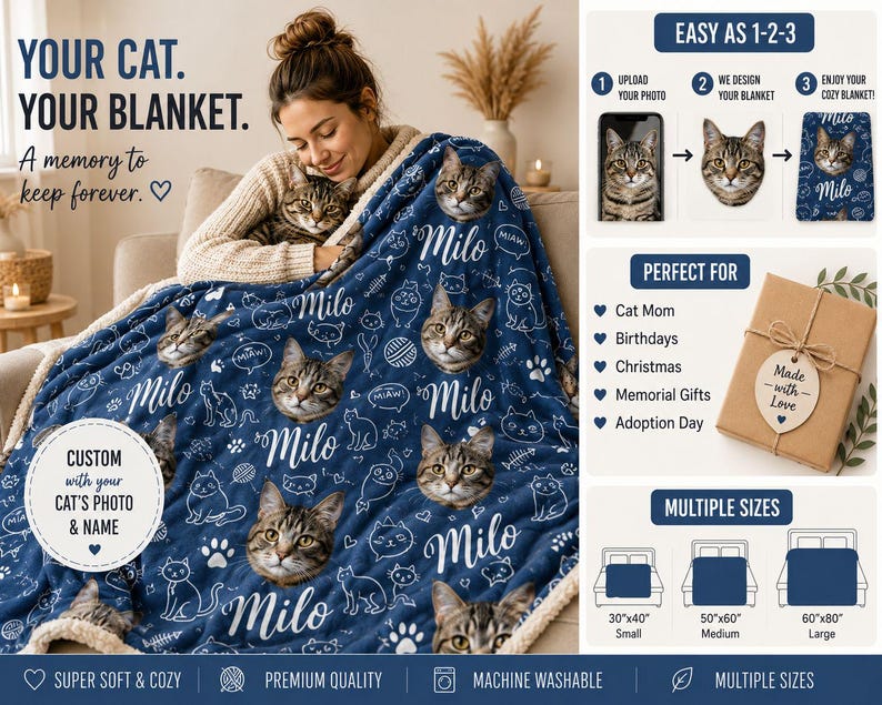 Personalized Cat Photo Blanket, Custom Cat Blanket with Name, Cat Mom Gift, Cat Lover Gift, Pet Blanket, Personalized Pet Gift, Kitty Throw image 1