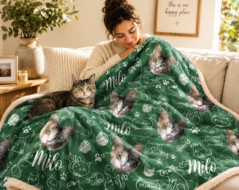Personalized Cat Blanket with Photo & Name, Custom Cat Gift, Cat Mom Blanket, Cat Lover Gift, Pet Memorial Blanket, Kitty Throw