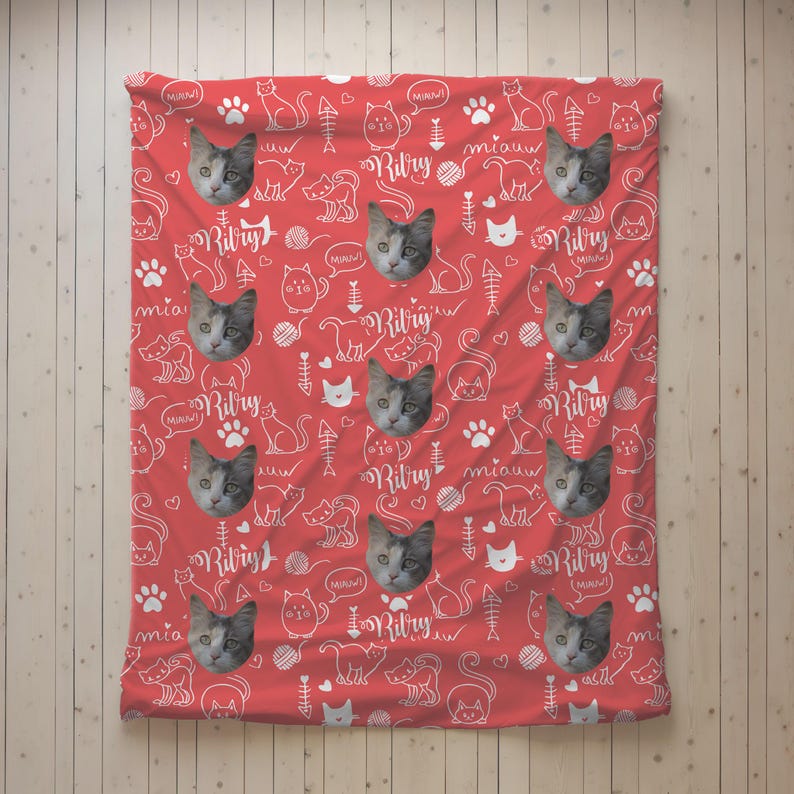 Personalisierte Katzen Foto Decke - Benutzerdefiniertes Katzen Gesicht und Namen Decke, Haustier Andenken, Ihre Katze auf einer Decke Bild 6
