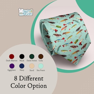 May include: A sea foam green necktie featuring a repeating pattern of various colorful fishing lures with hooks. The image includes a logo with a rabbit graphic and the text Rabbit Patch Gifts, along with a color palette showing eight options.
