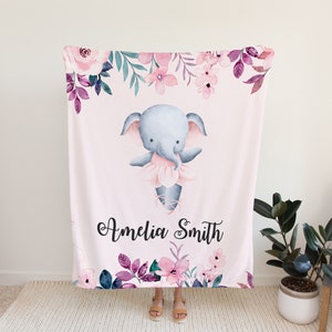 Personalized Baby Name Blanket, Pink Floral Elephant Ballerina Blanket, Baby Girl Name Blanket, Floral Baby Name Blanket, Baby Shower Gift