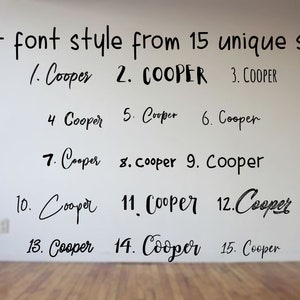 K&ouml;nnte beinhalten: Eine wei&szlig;e Wand mit schwarzem Text, der "select font style from 15 unique styles" lautet. Unter dem Text befinden sich 15 verschiedene Stile des Wortes "Cooper", die von 1 bis 15 nummeriert sind.