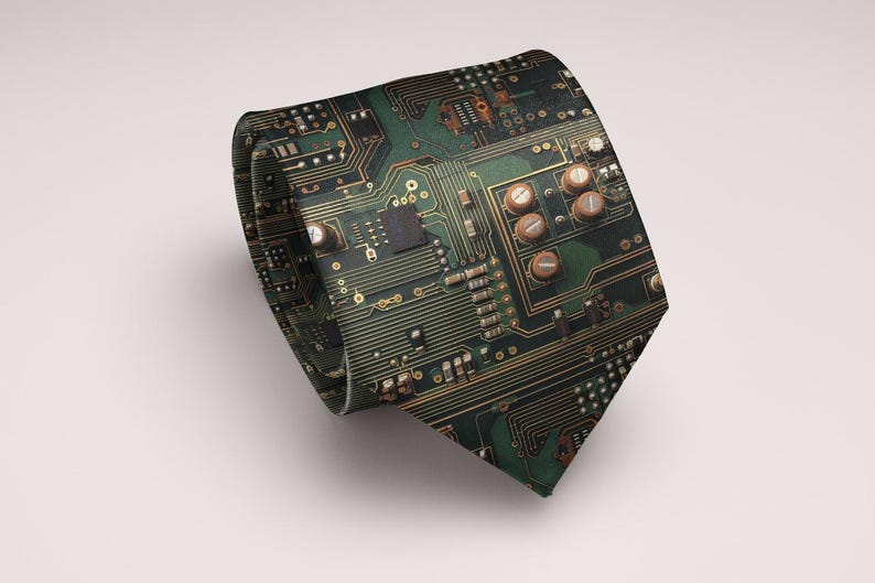 May include: A rolled-up necktie featuring a detailed circuit board design. The tie is predominantly dark green with gold and copper-colored accents, showcasing a complex pattern of electronic components.