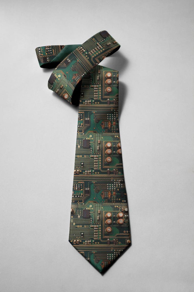 May include: A green and brown patterned necktie featuring a circuit board design. The tie is made of a smooth fabric and is suitable for tech enthusiasts or those who appreciate unique accessories. The tie is displayed against a white background.