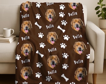 Personalized Dog Photo Blanket, Custom Pet Face and Name Collage Throw