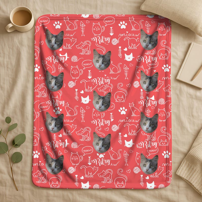 Personalisierte Katzen Foto Decke - Benutzerdefiniertes Katzen Gesicht und Namen Decke, Haustier Andenken, Ihre Katze auf einer Decke Bild 8