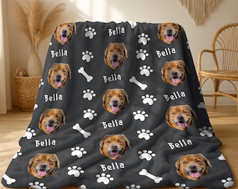 Personalisierte Haustierfotodecke, Decke mit Hundekopfmotiv, Decke mit Hundenamen, personalisiertes Haustiergeschenk, Geschenk für Hundebesitzerinnen, Erinnerungsstück für Tierliebhaber