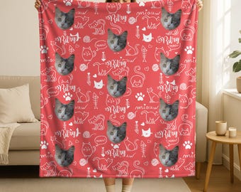 Personalisierte Katzen Foto Decke - Benutzerdefiniertes Katzen Gesicht und Namen Decke, Haustier Andenken, Ihre Katze auf einer Decke