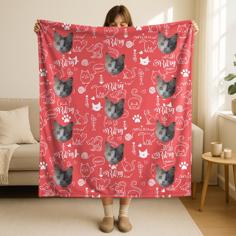 Personalisierte Katzen Foto Decke - Benutzerdefiniertes Katzen Gesicht und Namen Decke, Haustier Andenken, Ihre Katze auf einer Decke Bild 1
