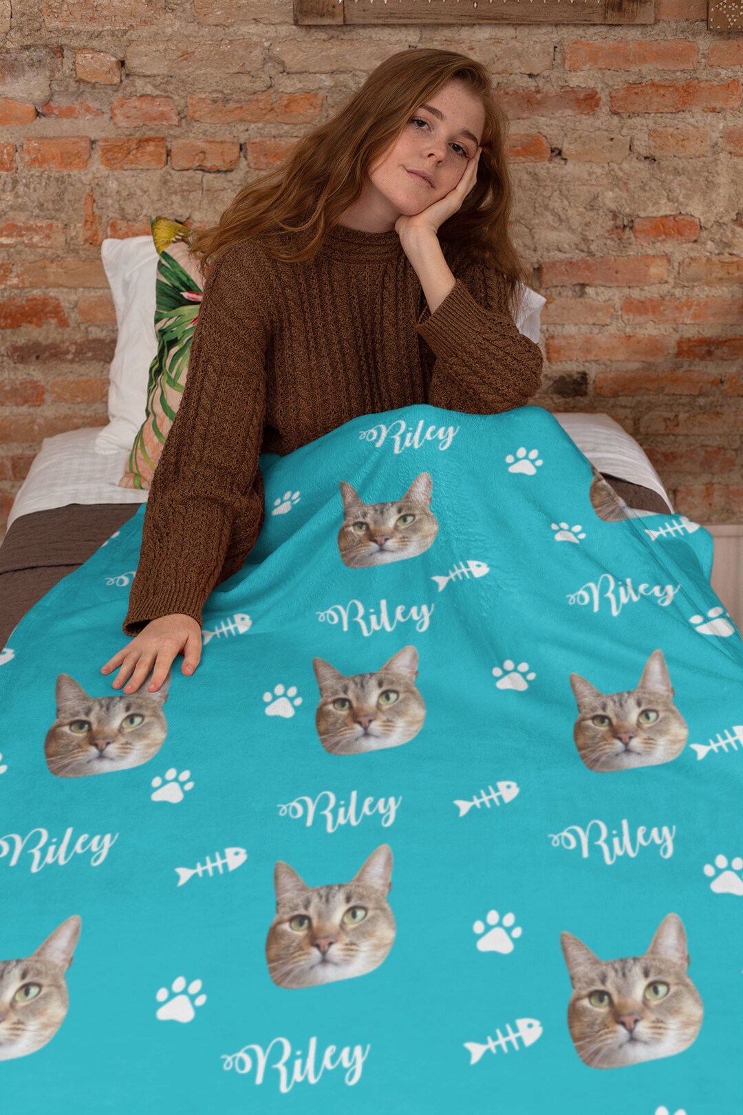 Personalized Pet Cat Photo Blanket, Custom Cat Face and Name Blankets