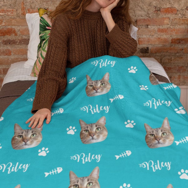 Personalized Pet Cat Photo Blanket, Custom Cat Face And Name Blankets, Cat Blankets, Photo Gifts, Cat Keepsake, Your Cat On A Blanket