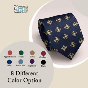 May include: A navy blue tie featuring a gold cross pattern. The tie is folded and presented against a light background. The image includes a colour palette with eight options and the text "8 Different Color Option".