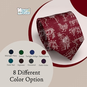 May include: A dark cherry necktie featuring a white line-art pattern of various animal skeletons. The design includes anatomical illustrations of a chicken, a cat, and other creatures. The image displays the text Rabbit Patch Gifts and 8 Different Color Option with color swatches labeled Midnight Navy, Forest, Twilight Indigo, Dark Cherry, Dark Teal, Espresso, Gunmetal, and Dark Violet.
