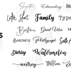 May include: A black and white font selection chart featuring the word Fonts in large bold letters followed by various typeface examples including Segatha, Edwarding, AMATIC, Latter Slant, Family, TypeWriter, Boisterous, Great Vibes, Michelle, BARONEYS, Photograph, South Australia, Sherley, Watermelon, Westrey, and Millena.