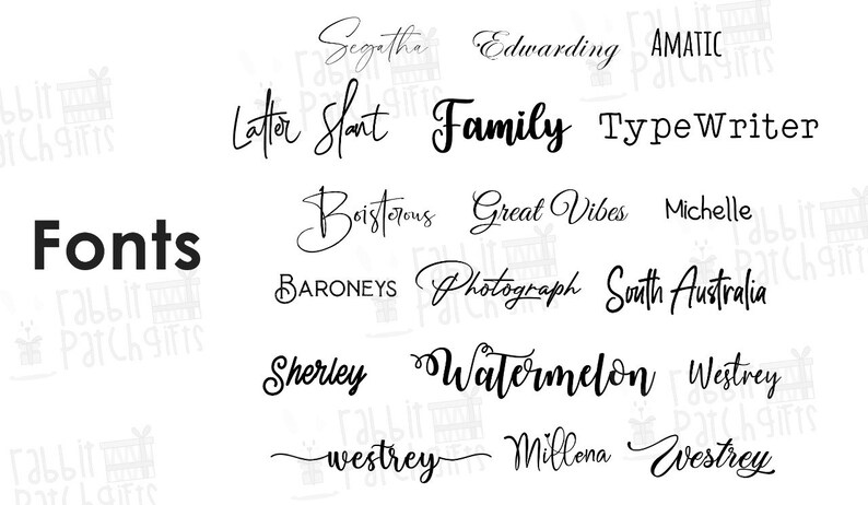 May include: A black and white font selection chart featuring the word Fonts in large bold letters followed by various typeface examples including Segatha, Edwarding, AMATIC, Latter Slant, Family, TypeWriter, Boisterous, Great Vibes, Michelle, BARONEYS, Photograph, South Australia, Sherley, Watermelon, Westrey, and Millena.