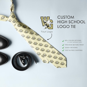 May include: A yellow tie with a repeating pattern of a black and gold high school mascot logo. The logo features a bee and the letters "WG". The text "Your Logo" is written below the logo. The text "CUSTOM HIGH SCHOOL LOGO TIE" is written in black text above the logo. The text "60+ COLOR OPTIONS or your sample color", "PREVIEW BEFORE PRINT", "2000+ REVIEWS", and "FAST & FREE SHIPPING" is written in green text with check marks next to each line of text.
