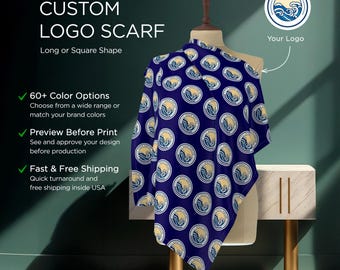 May include: A blue and yellow custom logo scarf with a repeating pattern of a wave logo. The scarf is displayed on a mannequin and can be customized with 60+ color options. The text "Ocean Surfing" is inside the wave logo. The text "Your Logo" is above the scarf.