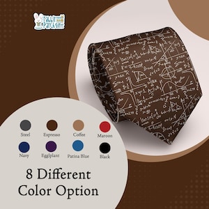 May include: A brown tie with a white mathematical formula design. The image shows eight color options: steel, espresso, coffee, maroon, navy, eggplant, patina blue, and black. Text reads "8 Different Color Option."
